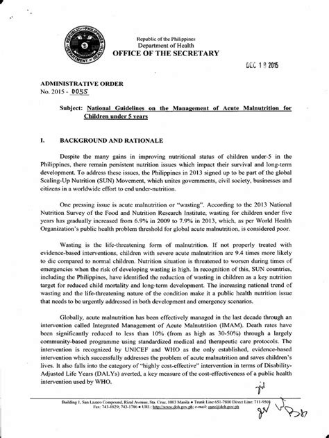 philippine integrated management of acute malnutrition doh|Office Secretary: Administrative 0055 Subject: National .